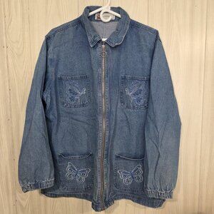 VTG Passion-I Jacket Womens Sz L Blue Denim Zip Butterfly Embroidered Pockets